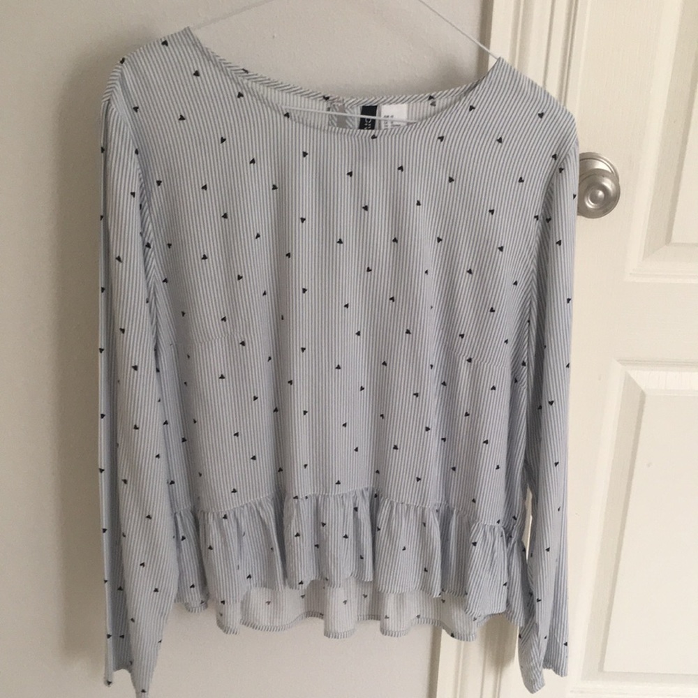 Striped white and blue, with black hearts blouse. Like new.